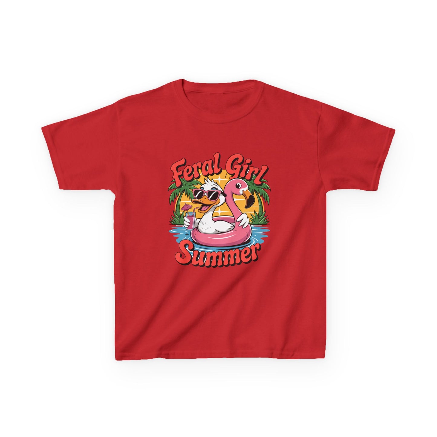 Kids T-Shirt — "Feral Girl Summer" Flamingo Pool Graphic