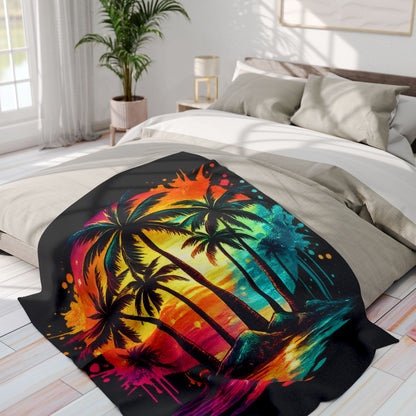 Tropical Sunset Fleece Blanket — Neon Palm Tree Beach Throw
