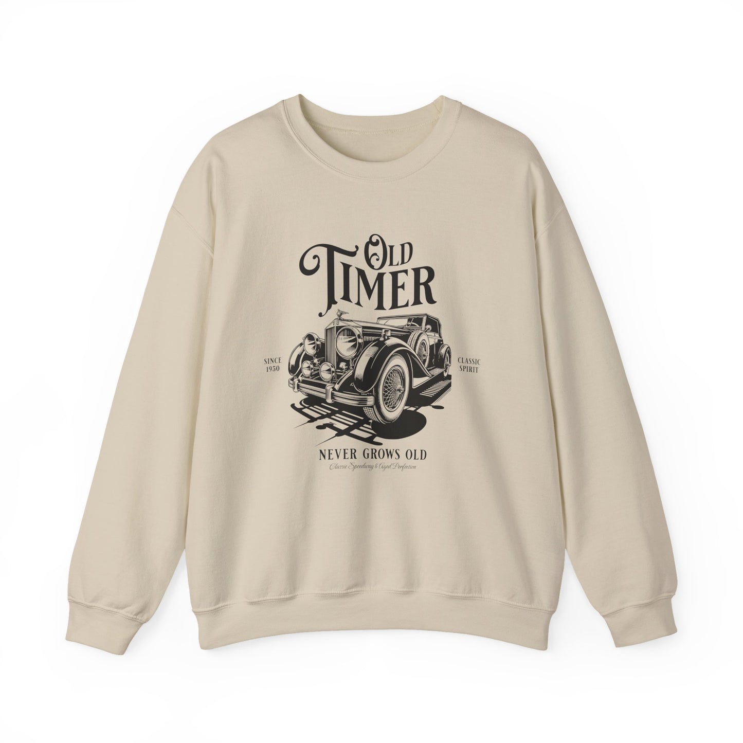 Crewneck Sweatshirt — "Old Timer" Vintage Car Retro Graphic (Never Grows Old)