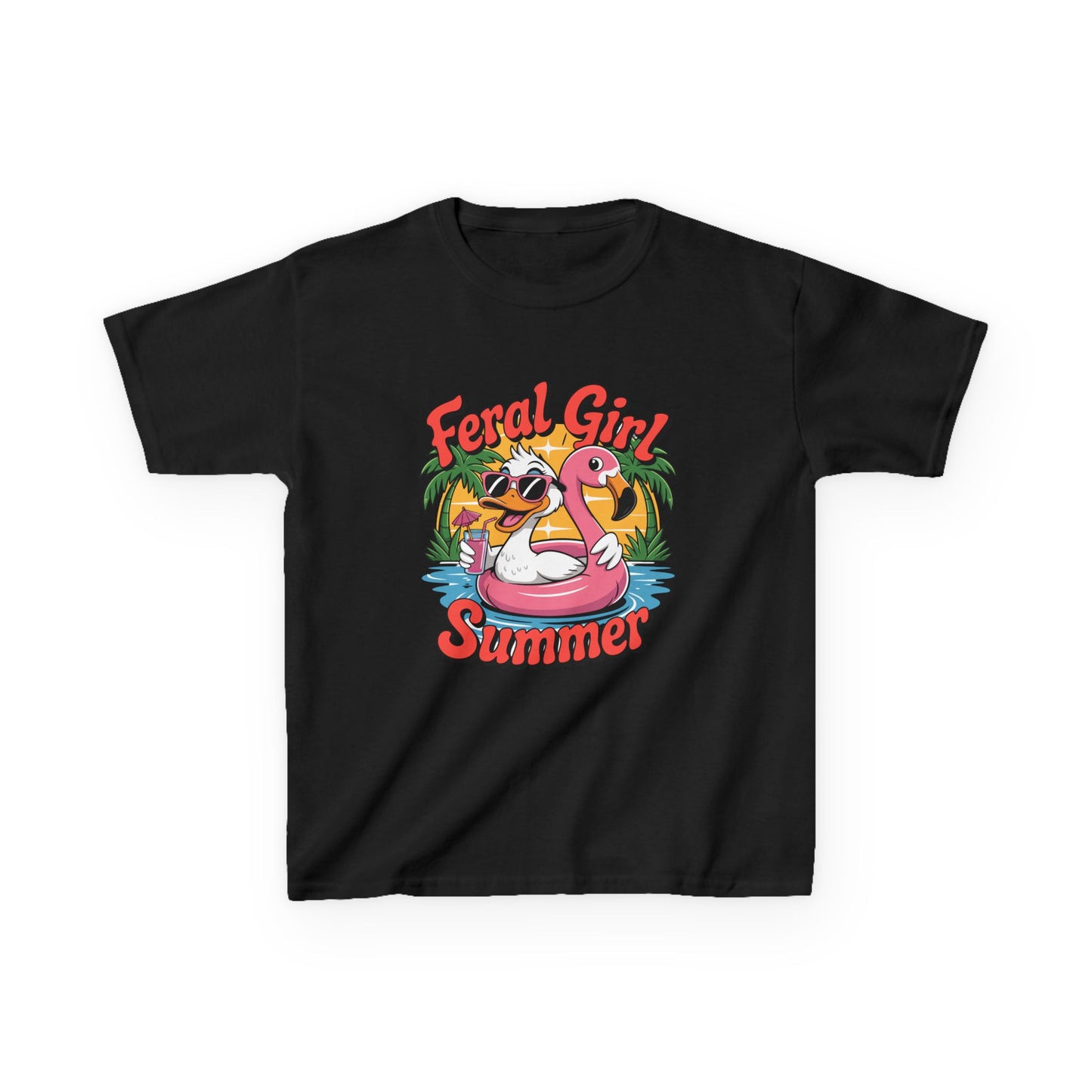 Kids T-Shirt — "Feral Girl Summer" Flamingo Pool Graphic