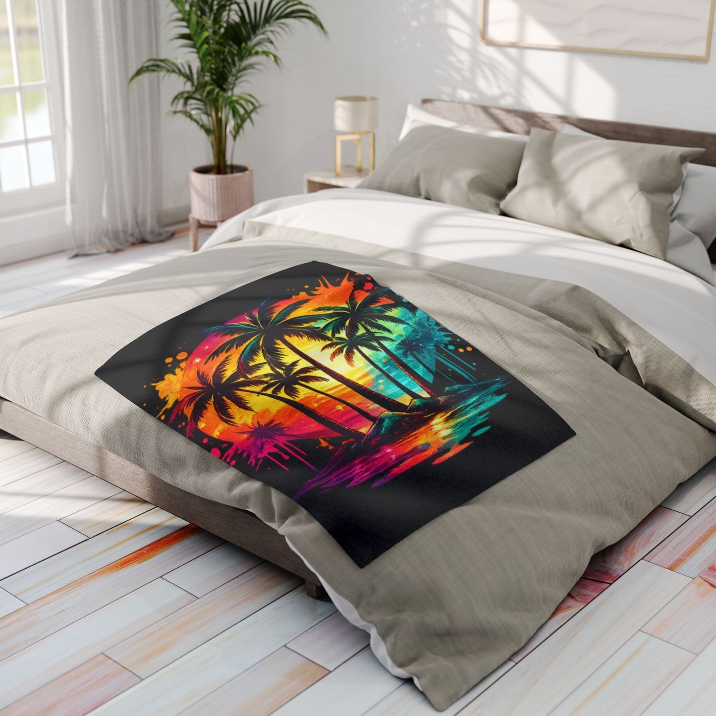 Tropical Sunset Fleece Blanket — Neon Palm Tree Beach Throw