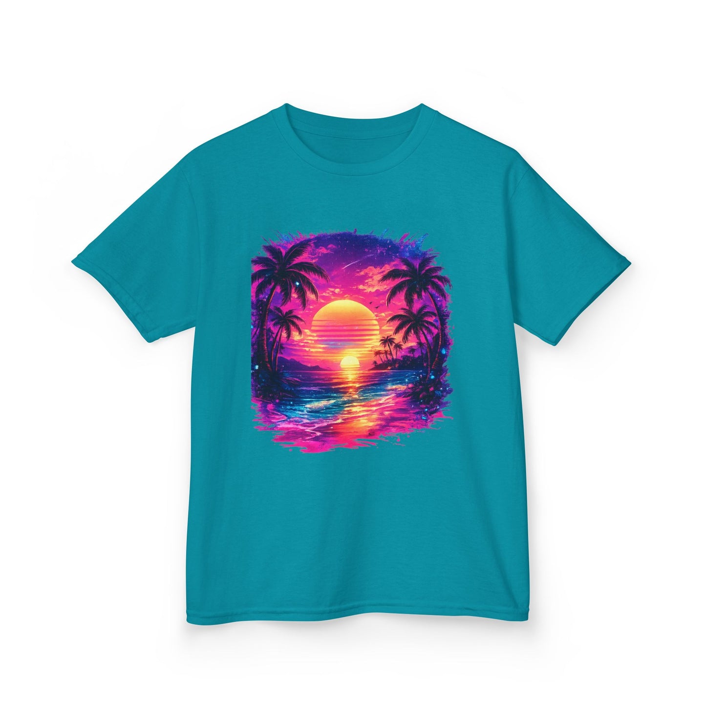Kids T-Shirt — Neon Retro Sunset Palm Beach Tee