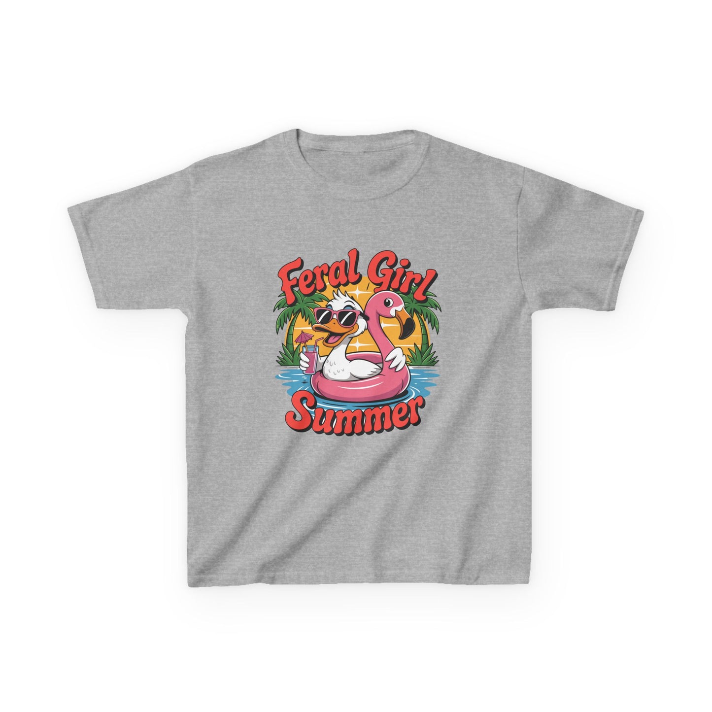 Kids T-Shirt — "Feral Girl Summer" Flamingo Pool Graphic
