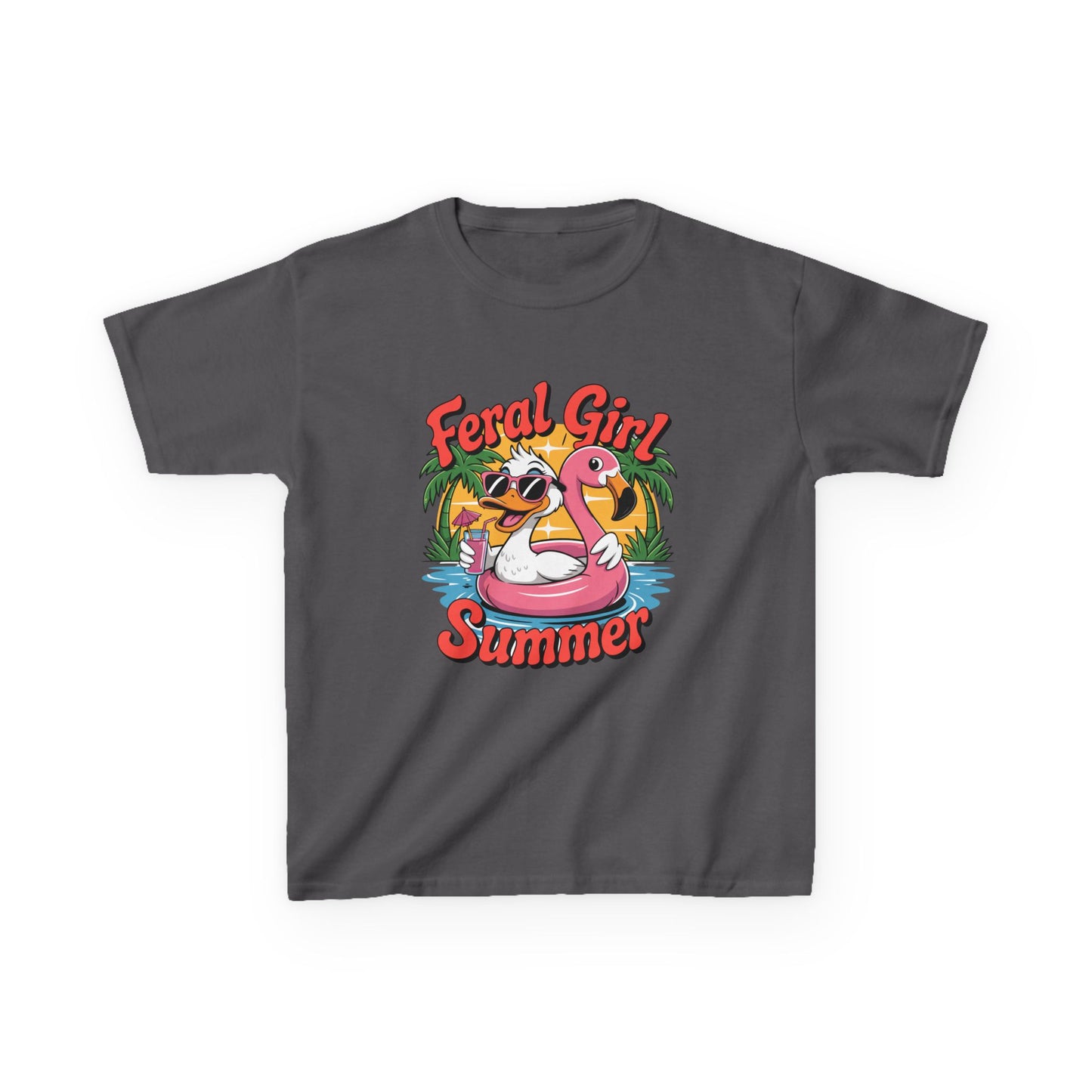 Kids T-Shirt — "Feral Girl Summer" Flamingo Pool Graphic