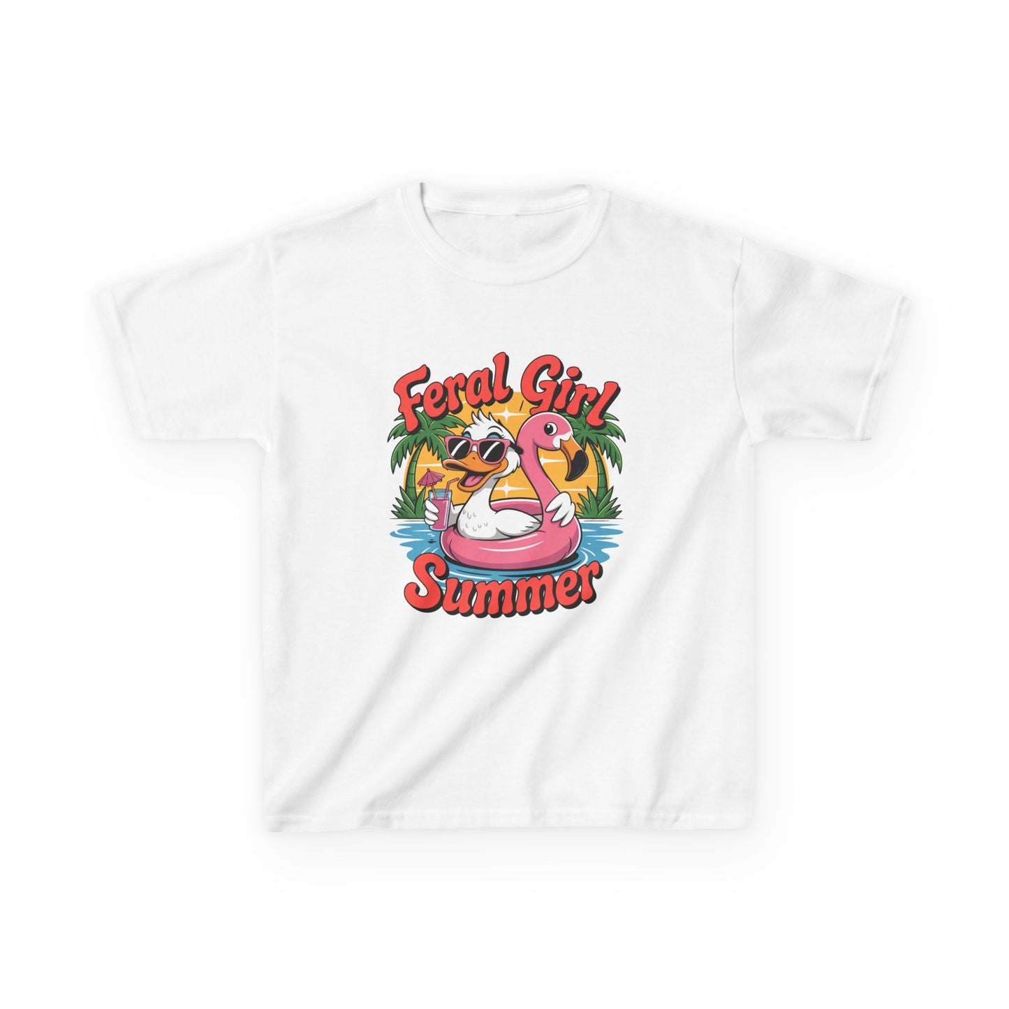 Kids T-Shirt — "Feral Girl Summer" Flamingo Pool Graphic