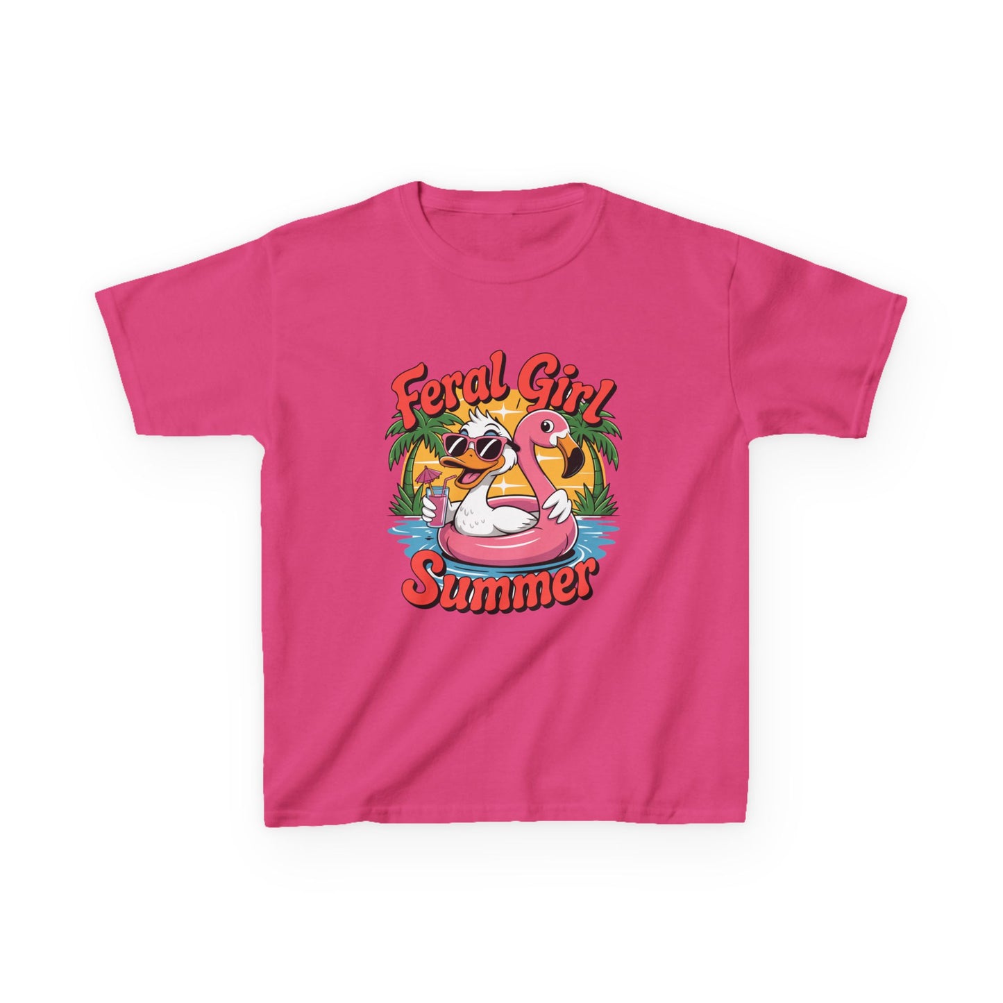 Kids T-Shirt — "Feral Girl Summer" Flamingo Pool Graphic