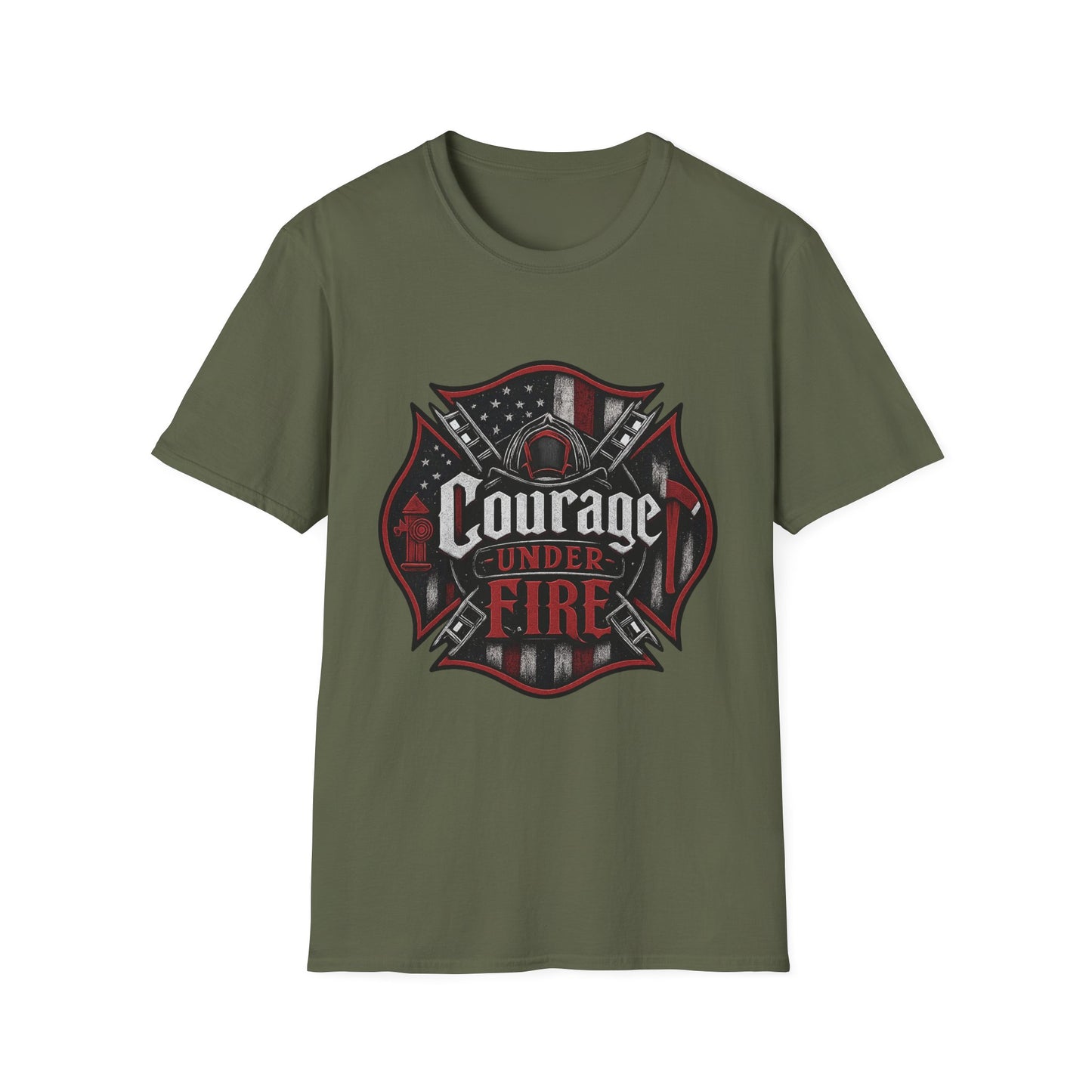Courage Under Fire T‑Shirt — Patriotic Firefighter Emblem Tee