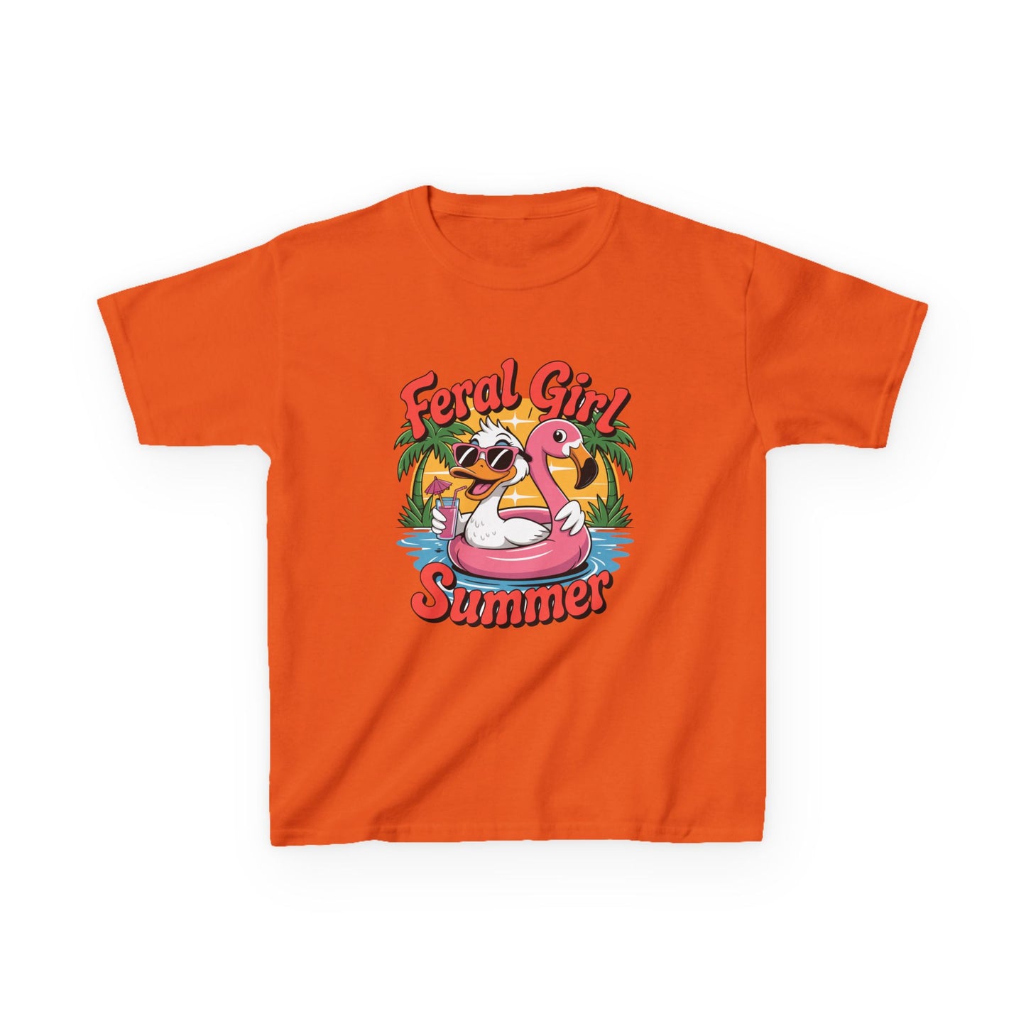 Kids T-Shirt — "Feral Girl Summer" Flamingo Pool Graphic