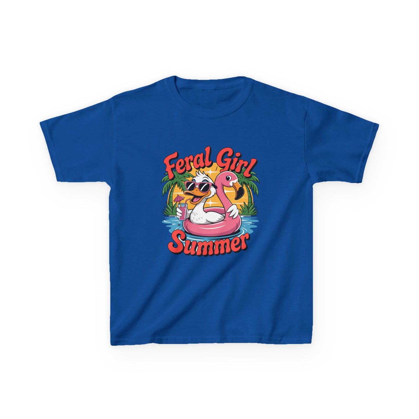 Kids T-Shirt — "Feral Girl Summer" Flamingo Pool Graphic