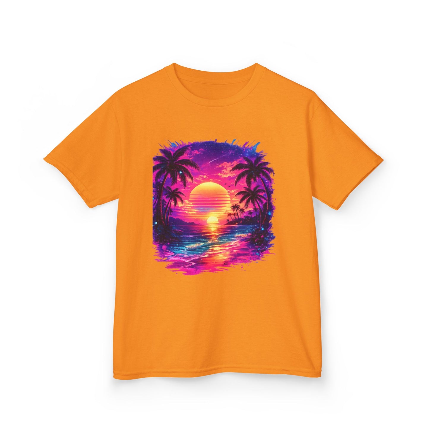 Kids T-Shirt — Neon Retro Sunset Palm Beach Tee