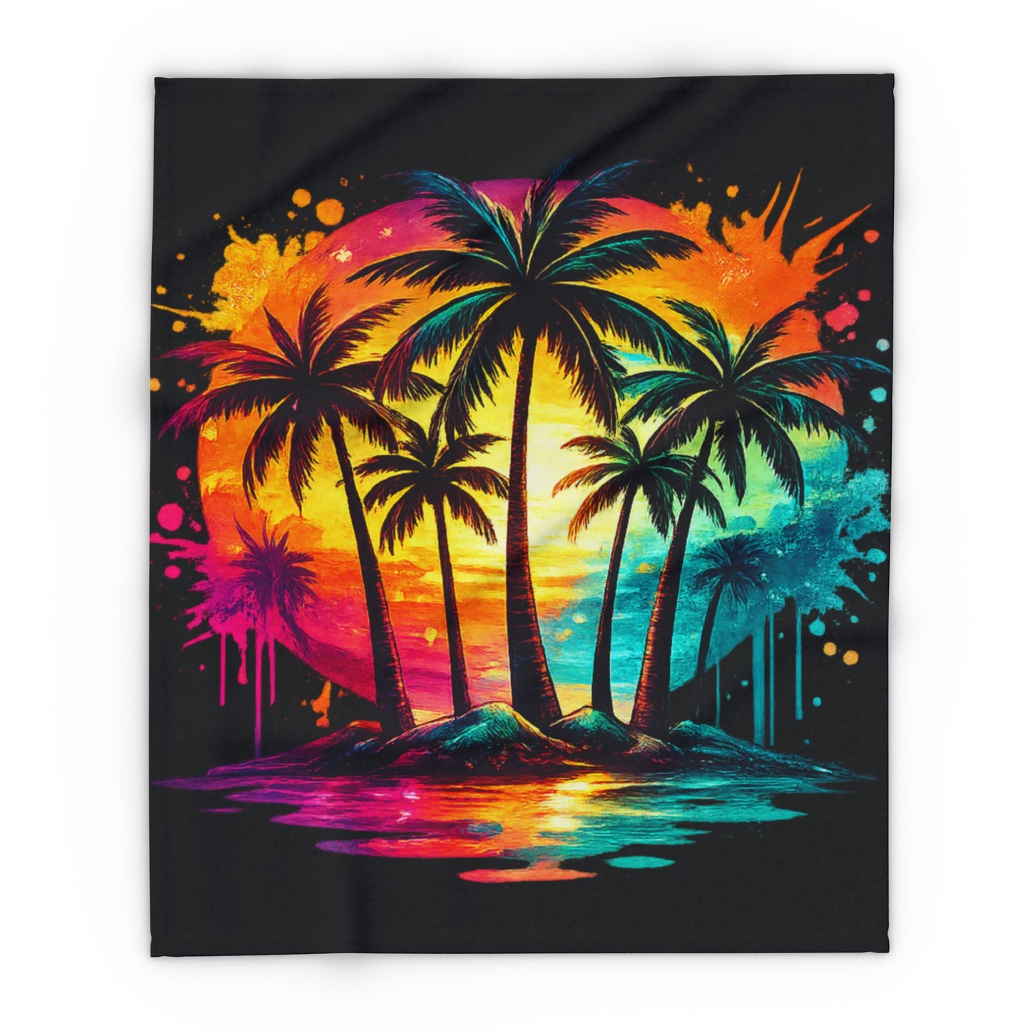 Tropical Sunset Fleece Blanket — Neon Palm Tree Beach Throw