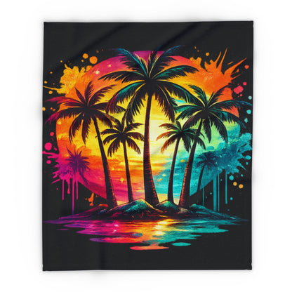 Tropical Sunset Fleece Blanket — Neon Palm Tree Beach Throw