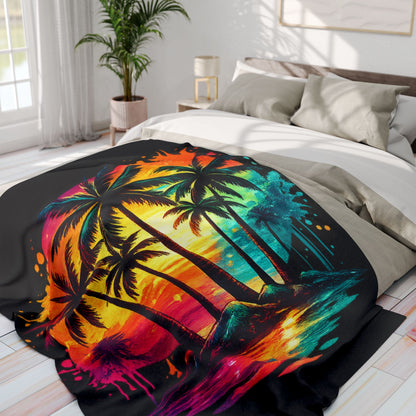 Tropical Sunset Fleece Blanket — Neon Palm Tree Beach Throw