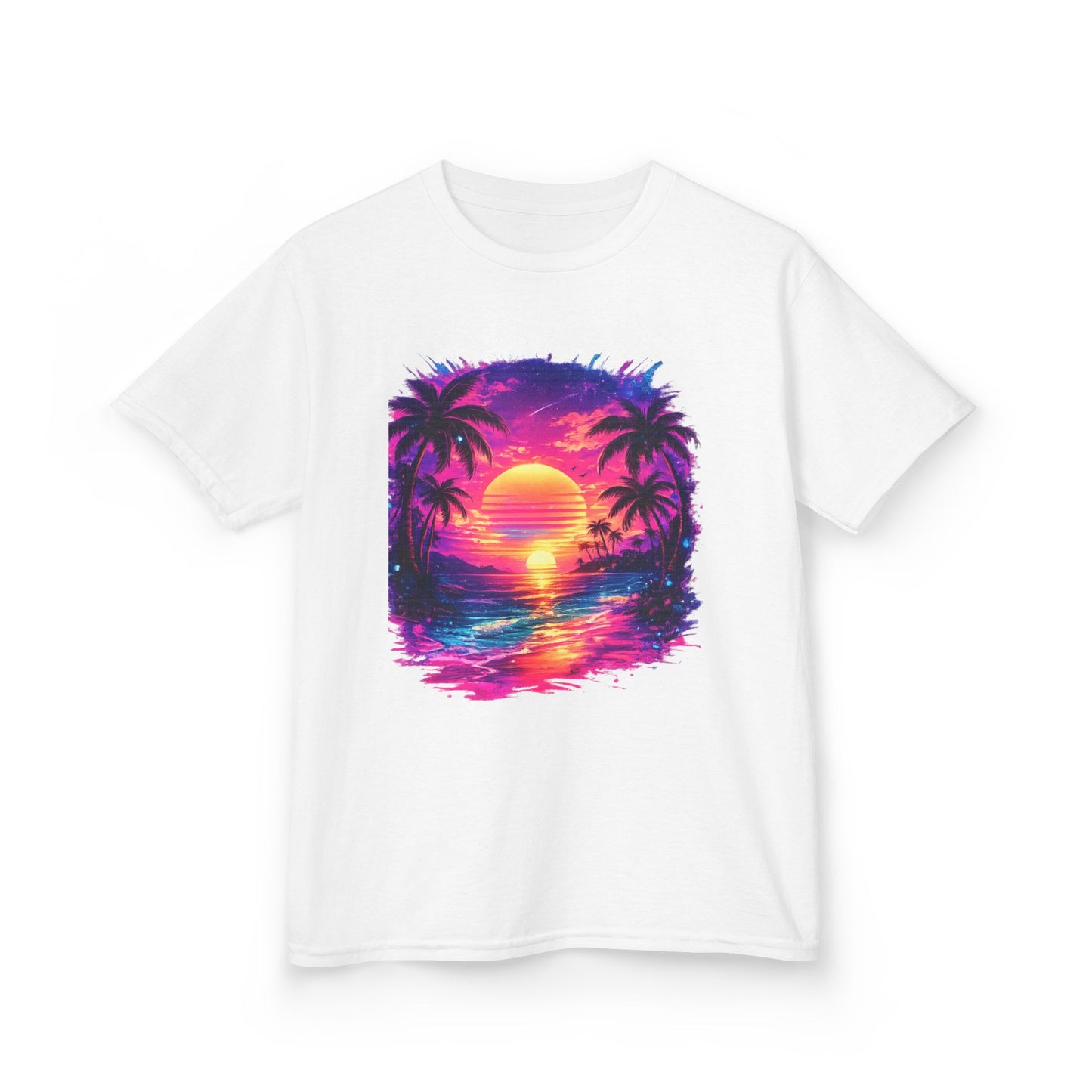 Kids T-Shirt — Neon Retro Sunset Palm Beach Tee