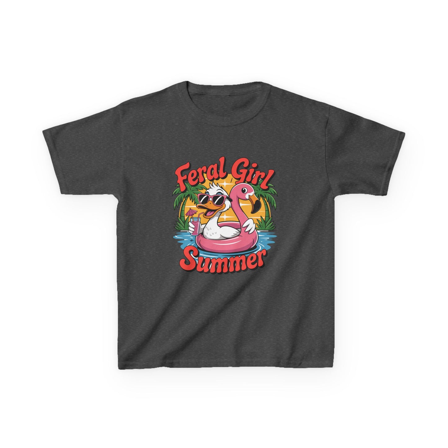 Kids T-Shirt — "Feral Girl Summer" Flamingo Pool Graphic