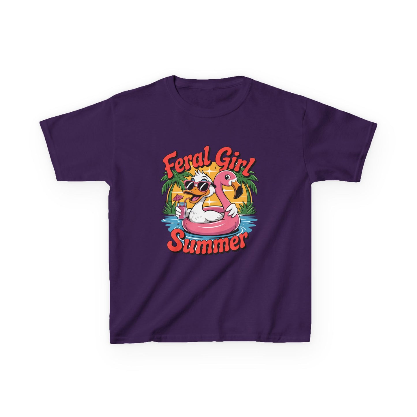 Kids T-Shirt — "Feral Girl Summer" Flamingo Pool Graphic