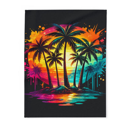 Tropical Sunset Fleece Blanket — Neon Palm Tree Beach Throw