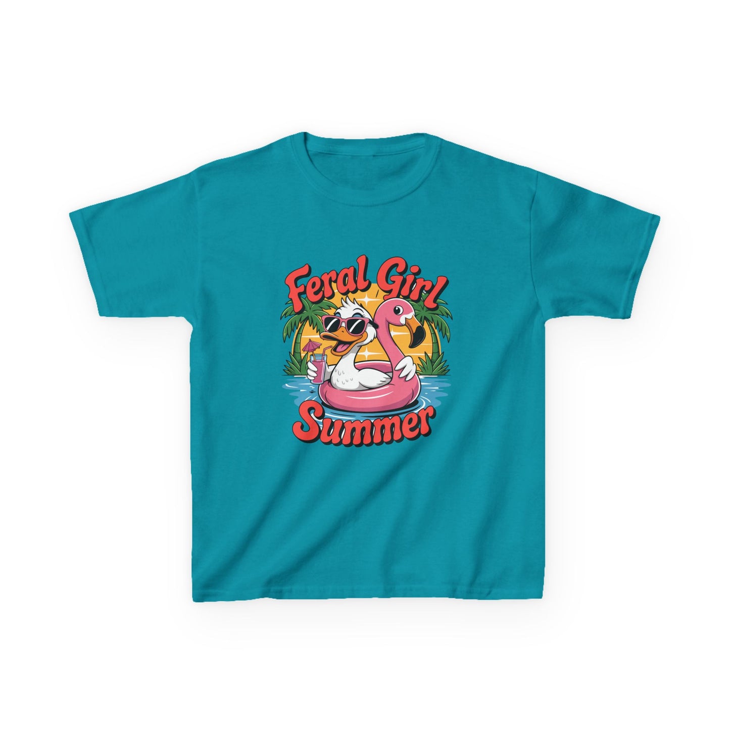 Kids T-Shirt — "Feral Girl Summer" Flamingo Pool Graphic
