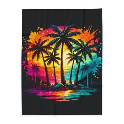 Tropical Sunset Fleece Blanket — Neon Palm Tree Beach Throw